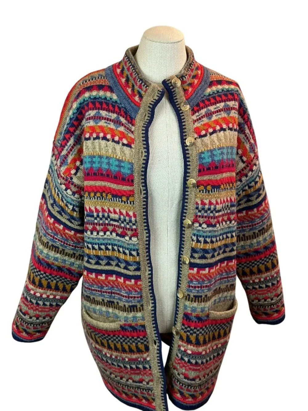 Segrets Sun Prints Fair Isle Norwegian Design Wool Button Up Cardigan Sweater Wo - Picture 8 of 11